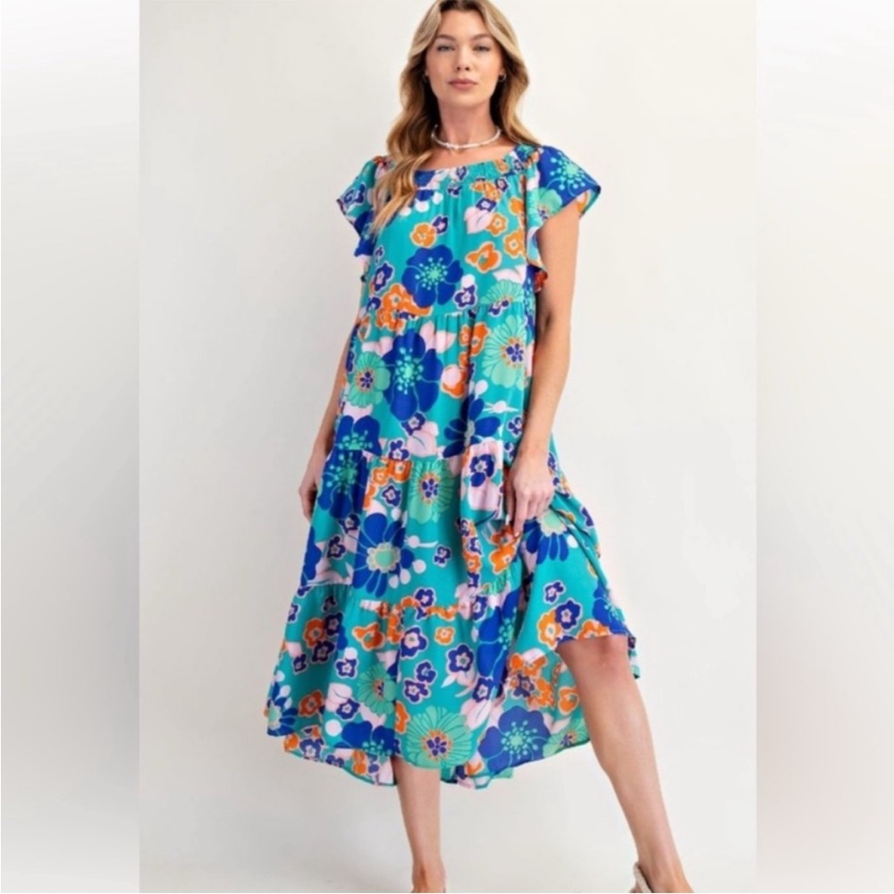 NEW! Easel Oversized Vibrant Blue Floral Dress w/smocked Neck & Flutter Sleeves